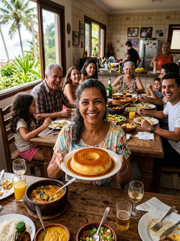Mulher com pudim dourado