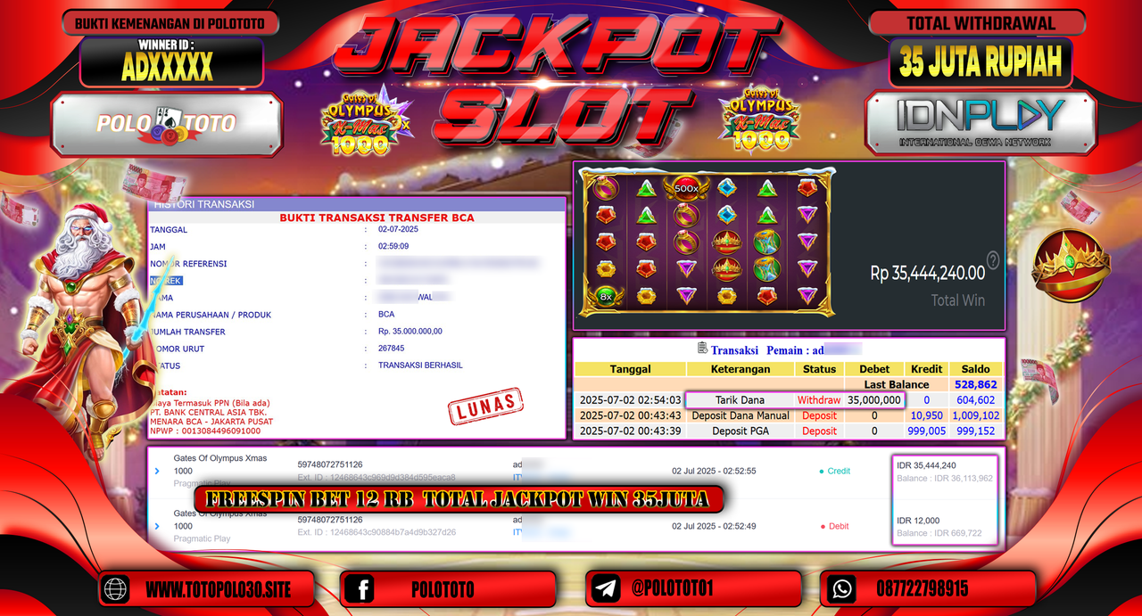 POLOTOTO JACKPOT SLOT GATES OF OLYMPUS XMAS 1000 Rp.35.000.000,-