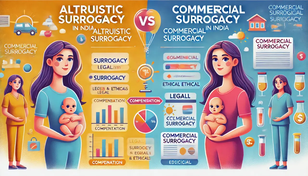 Comparison of altruistic and commercial surrogacy in India, focusing on compensation and legal status under new laws.