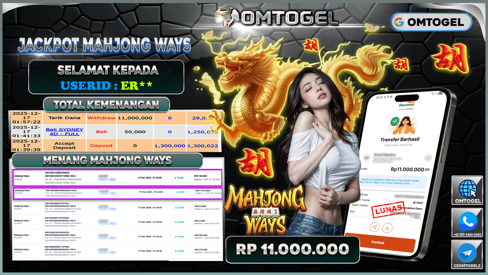 OMTOGEL JACKPOT PGSOFT MAHJONG WAYS ,11 JUTA DI BAYAR LUNAS ,-