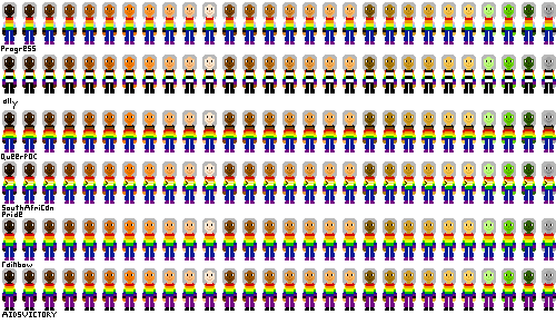 a row of people with pride flag shirts and gray hair