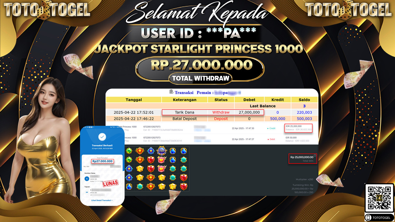 Bukti Pembayaran Jackpot  Permainan Slot Starlight Princess 1000 ID:***PA*** LUNAS