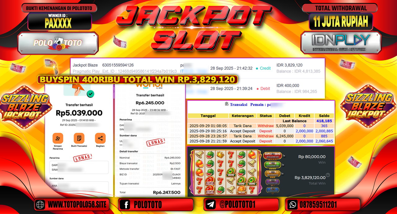 POLOTOTO JACKPOT SLOT JACKPOT BLAZE Rp.11.000.000,- LUNAS