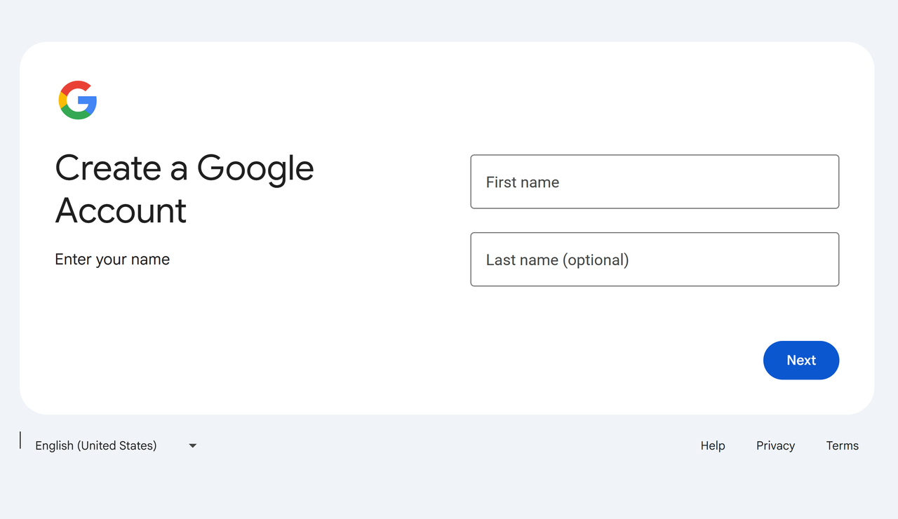 Screenshot of the 'Enter your name' step in the Gmail signup process.