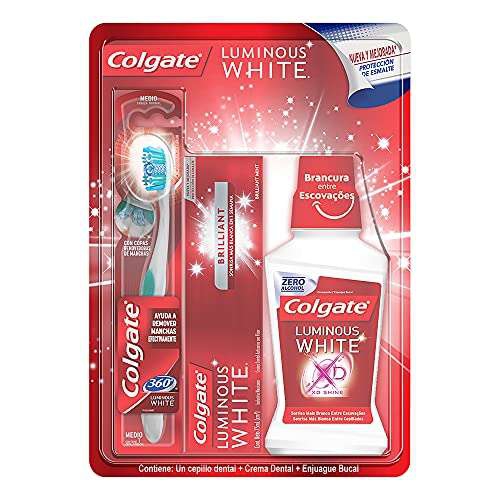 Amazon: Colgate Luminous White Cepillo + Pasta Dental + Enjuague, Kit de Limpieza Bucal 3 piezas 
