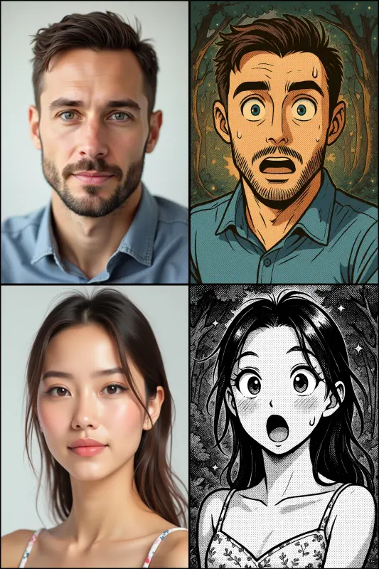 Manga cartoon AI portrait in magical forest