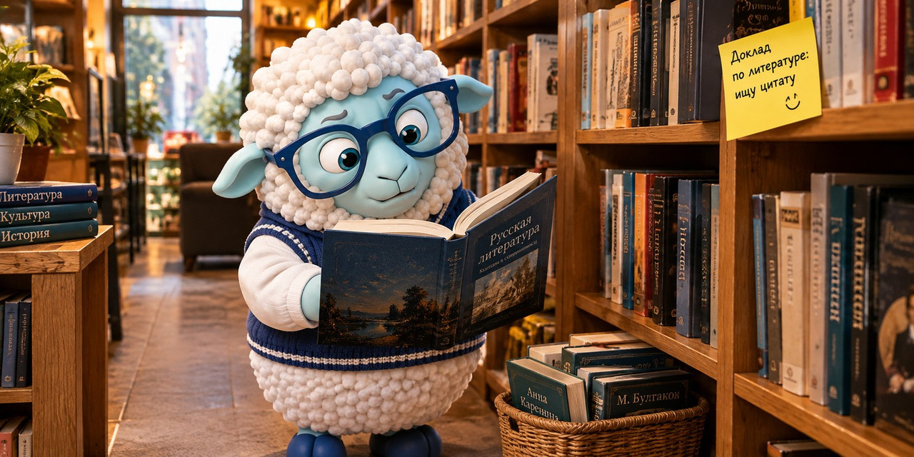 the sheep is standing in a cozy bookstore aisle