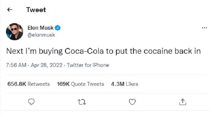Melalui cuitannya di Twitter, CEO Tesla dan Space X mengatakan bahwa ia ingin membeli Coca-cola.