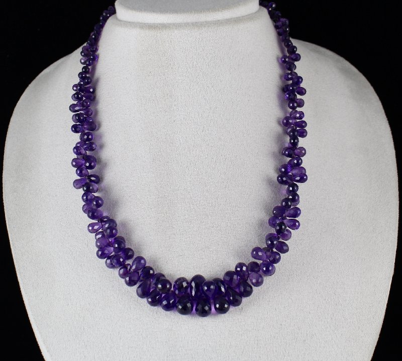 Untreated 547.50 Cts Natural 3 Strand Purple Amethyst Tear Drop Beads Necklace