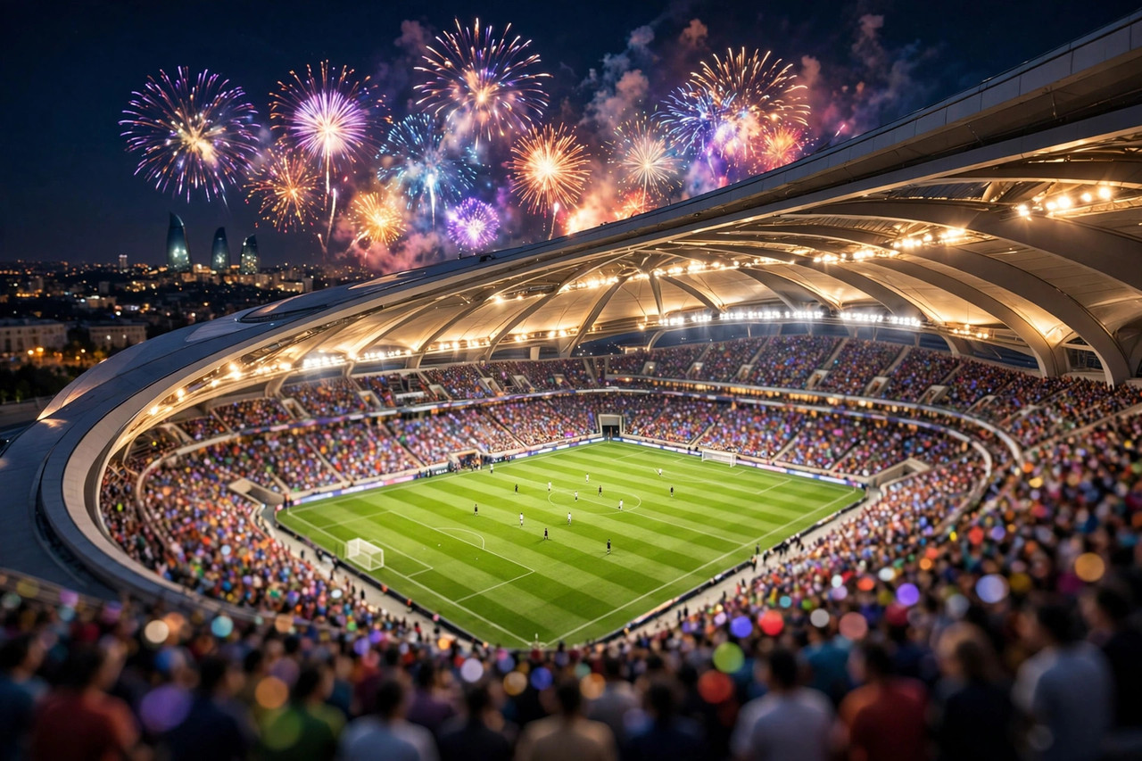 Floodlit football stadium in Baku at night