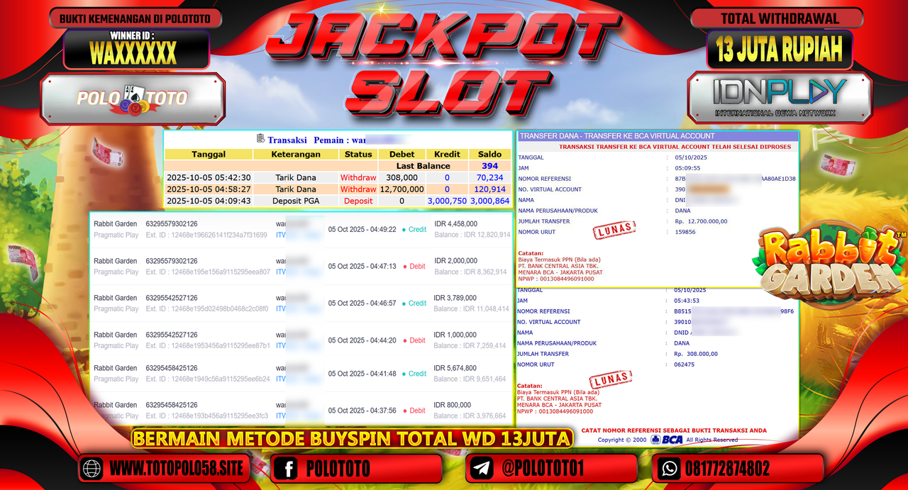 POLOTOTO JACKPOT SLOT RABBIT GARDEN Rp.13.000.000,- LUNAS