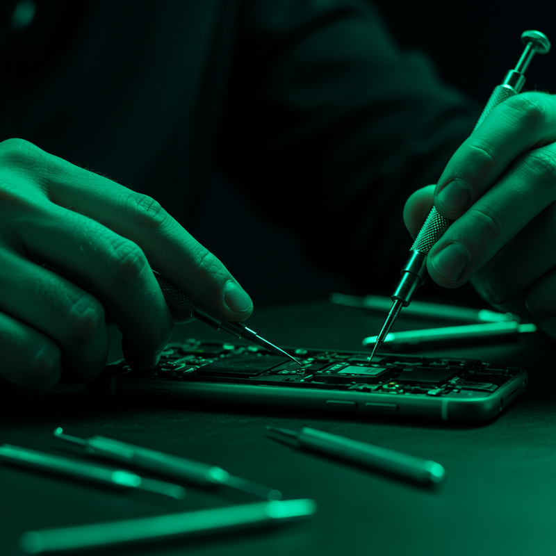 Bancada de trabalho com ferramentas e um laptop sendo reparado