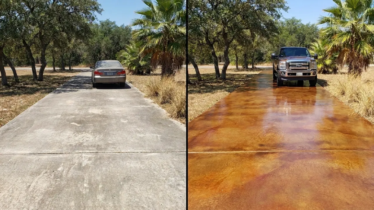 Stained concrete driveway in San Antonio, TX — earth-tone acid stain with glossy UV-resistant sealer, finished result by Affordable Concrete San Antonio