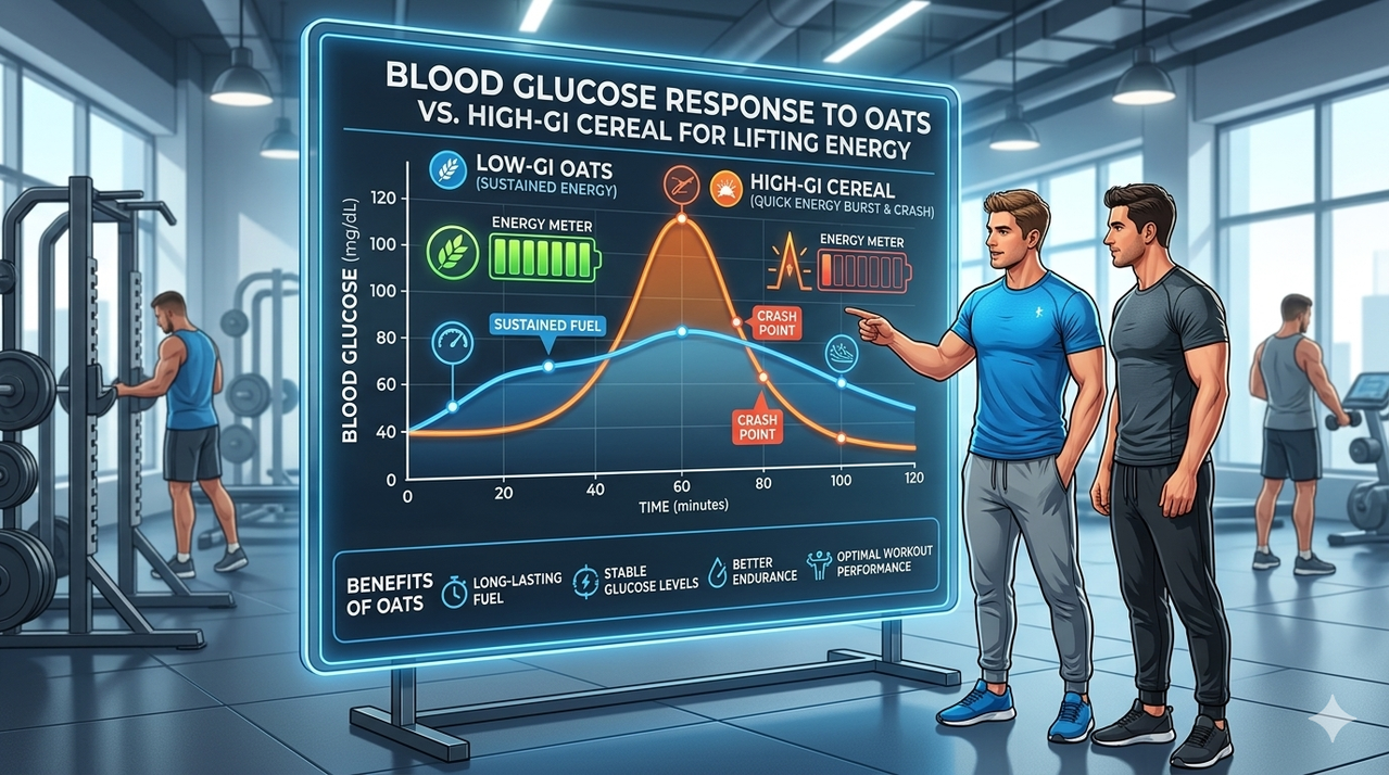 Chart comparing blood glucose response to low-GI oats vs high-GI cereal for the benefits of oats for long-lasting workout energy