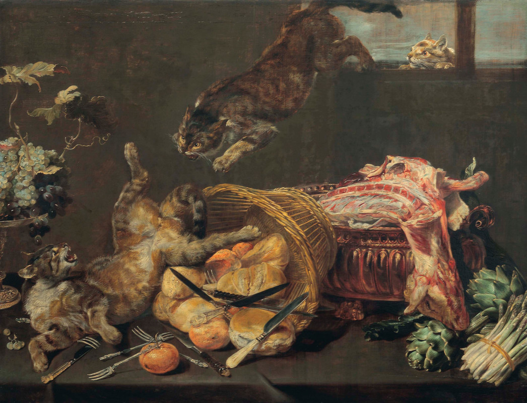 08-Frans-Snyders-Cats-fighting-in-a-larder-with-loaves-of-bread-a-dressed-lamb-artichokes-and-g