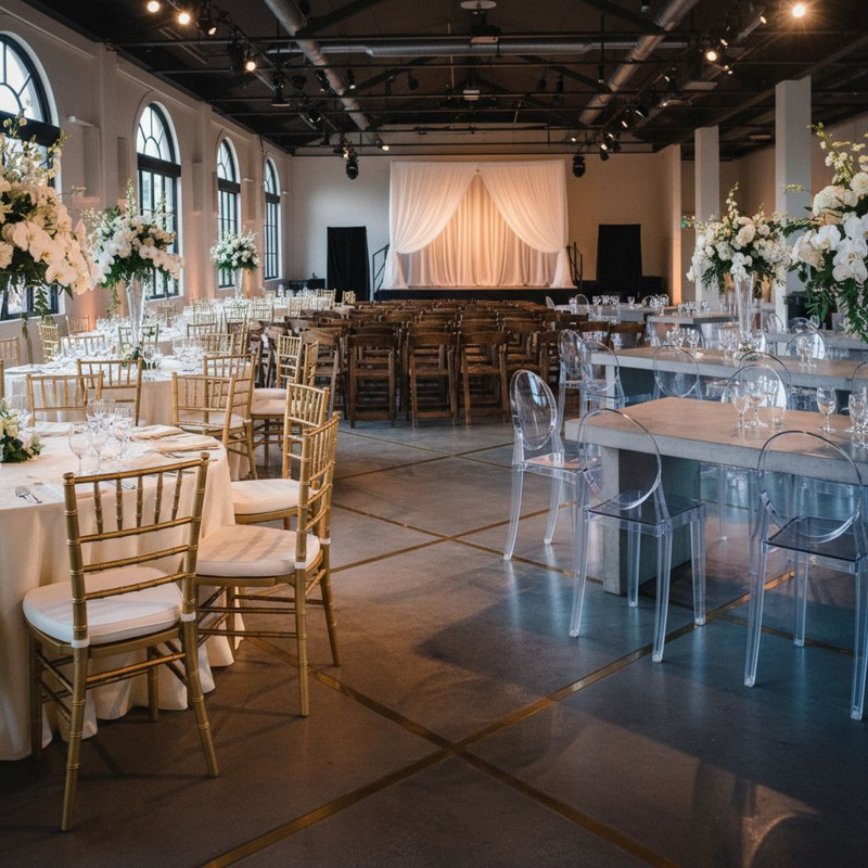 Сравнение популярных моделей мебели: банкетные и складные стулья для аренды в интерьере мероприятия.