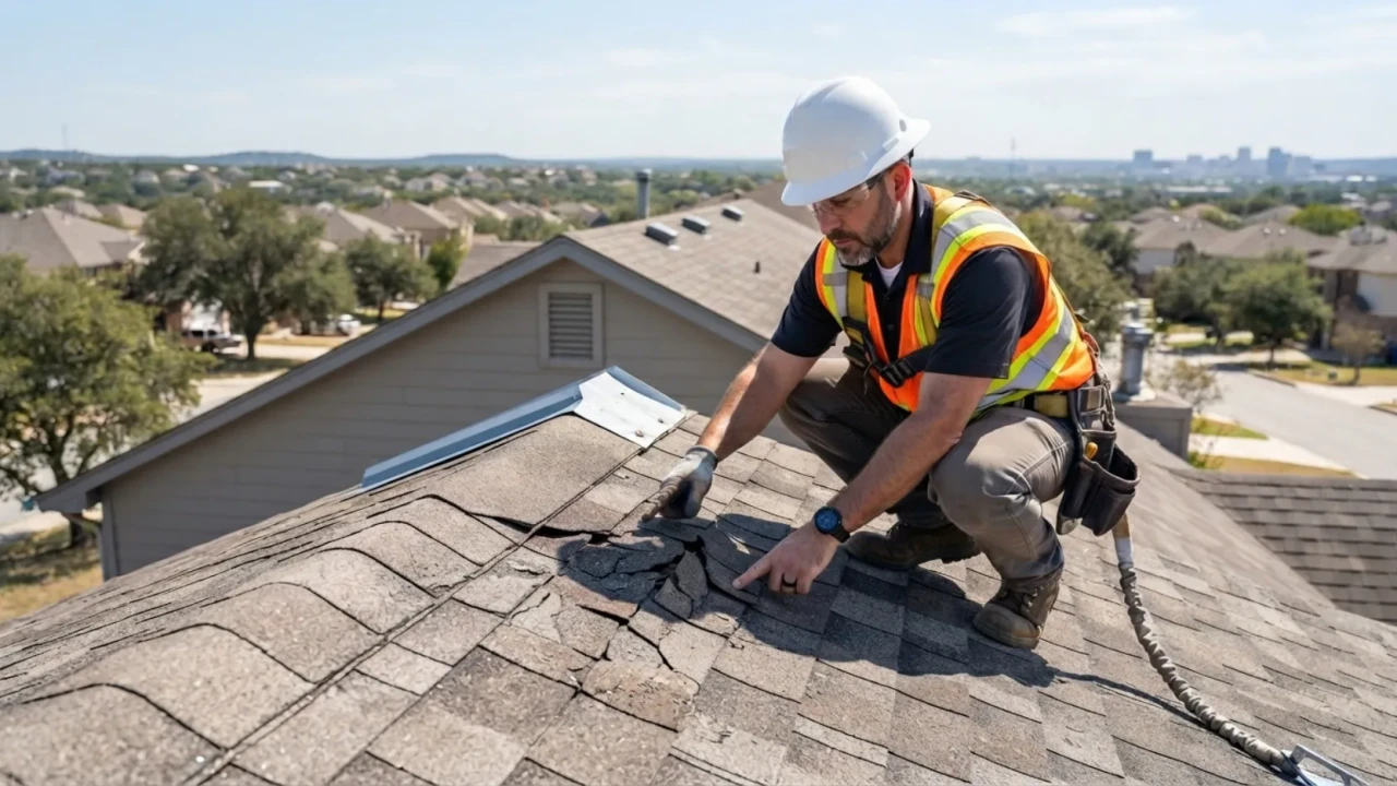 Roofing contractor inspecting damaged shingles San Antonio TX