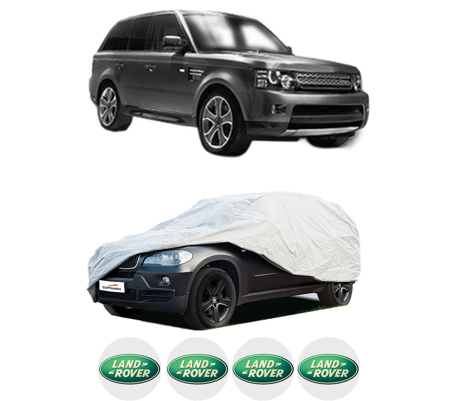 Husa tip prelata auto pentru LAND ROVER RANGE ROVER SPORT I (L320) din 2005-2013, Culoare Gri, material textil impermeabil, rezistanta la intemperii praf UV, CARPASSION Husa Protectie, 4 Stickere auto cu LAND ROVER