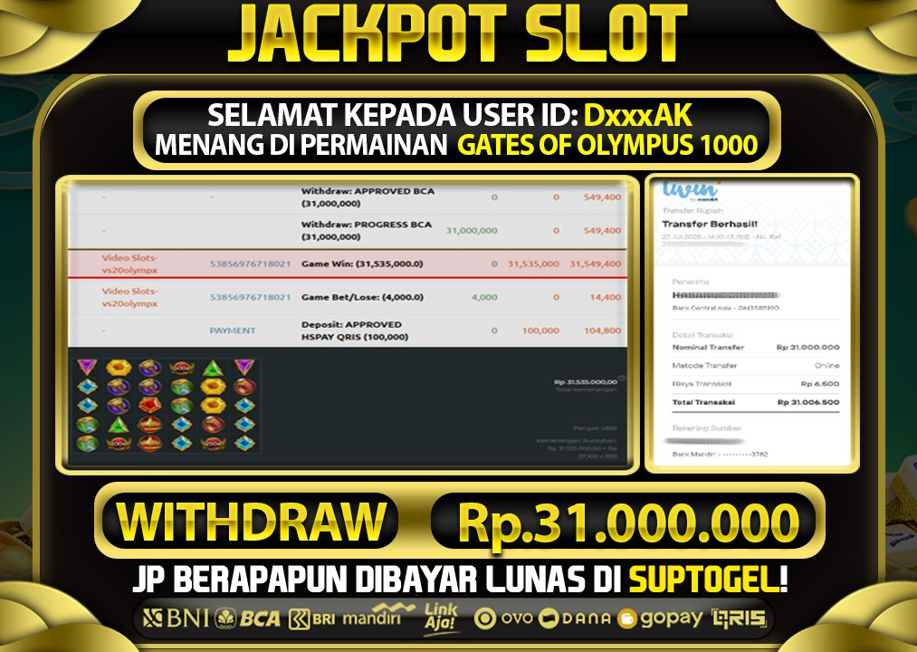  BUKTI KEMENANGAN 27 JULY 2025 MENANG DI PERMAINAN GATES OF OLYMPUS 1000 TOTAL WD 31 JUTA