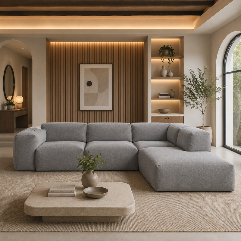 كنبة زاوية رُكنة على شكل حرف L بتصميم عصري قماش عالي الجودة - اللون رمادى - مقاس 300 / 200 × 90 × 85 سم
