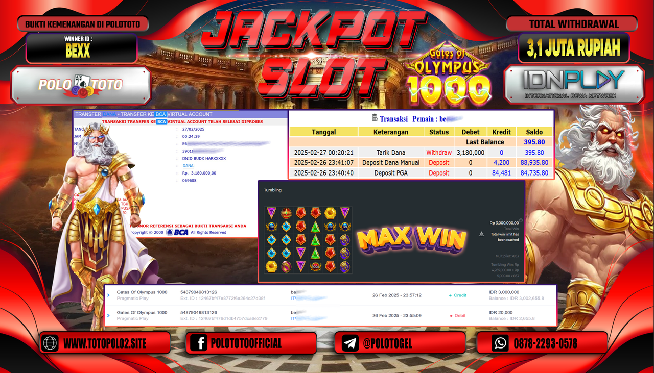 POLOTOTO JACKPOT SLOT GATES OF OLYMPUS 1000 Rp.3.180.000,-