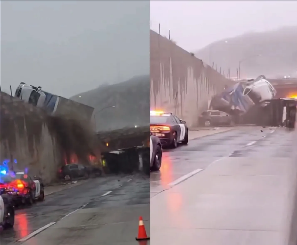 Camión cae de un puente y aplasta dos coches, aquí el video del brutal accidente