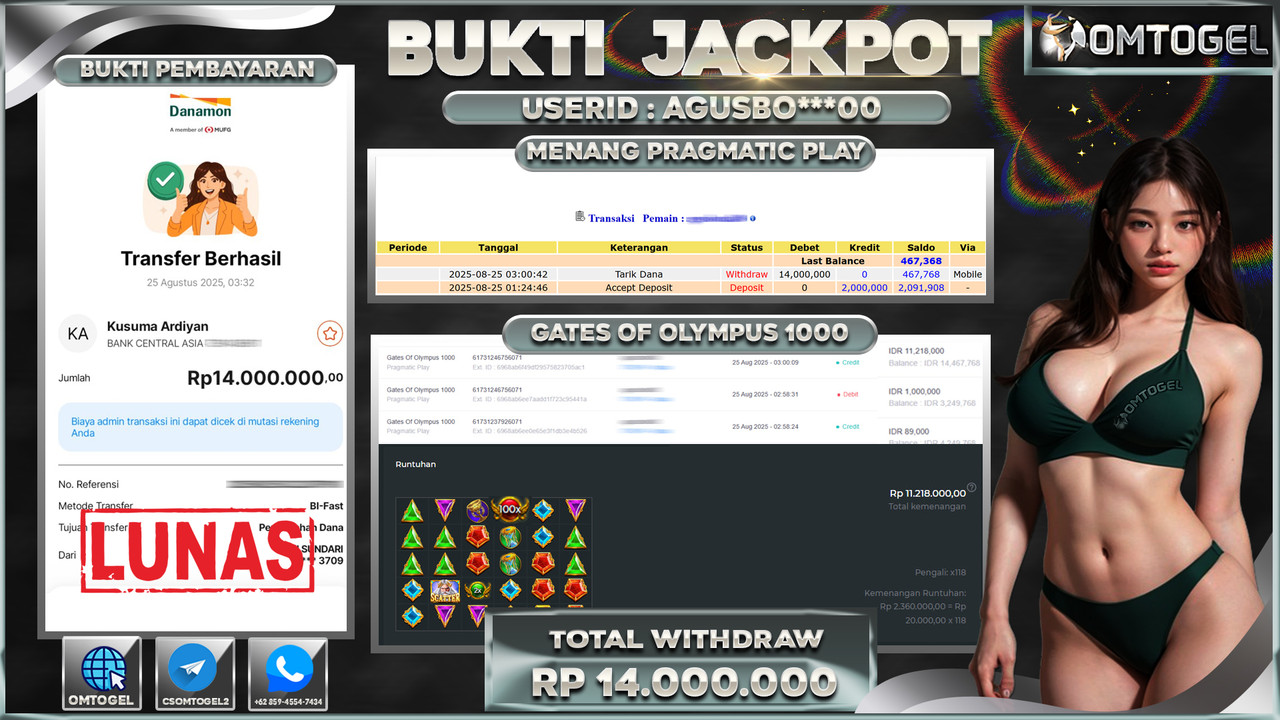 OMTOGEL JACKPOT PRAGMATIC PLAY GATES OF OLYMPUS 1000 14 JUTA DI BAYAR LUNAS ,-