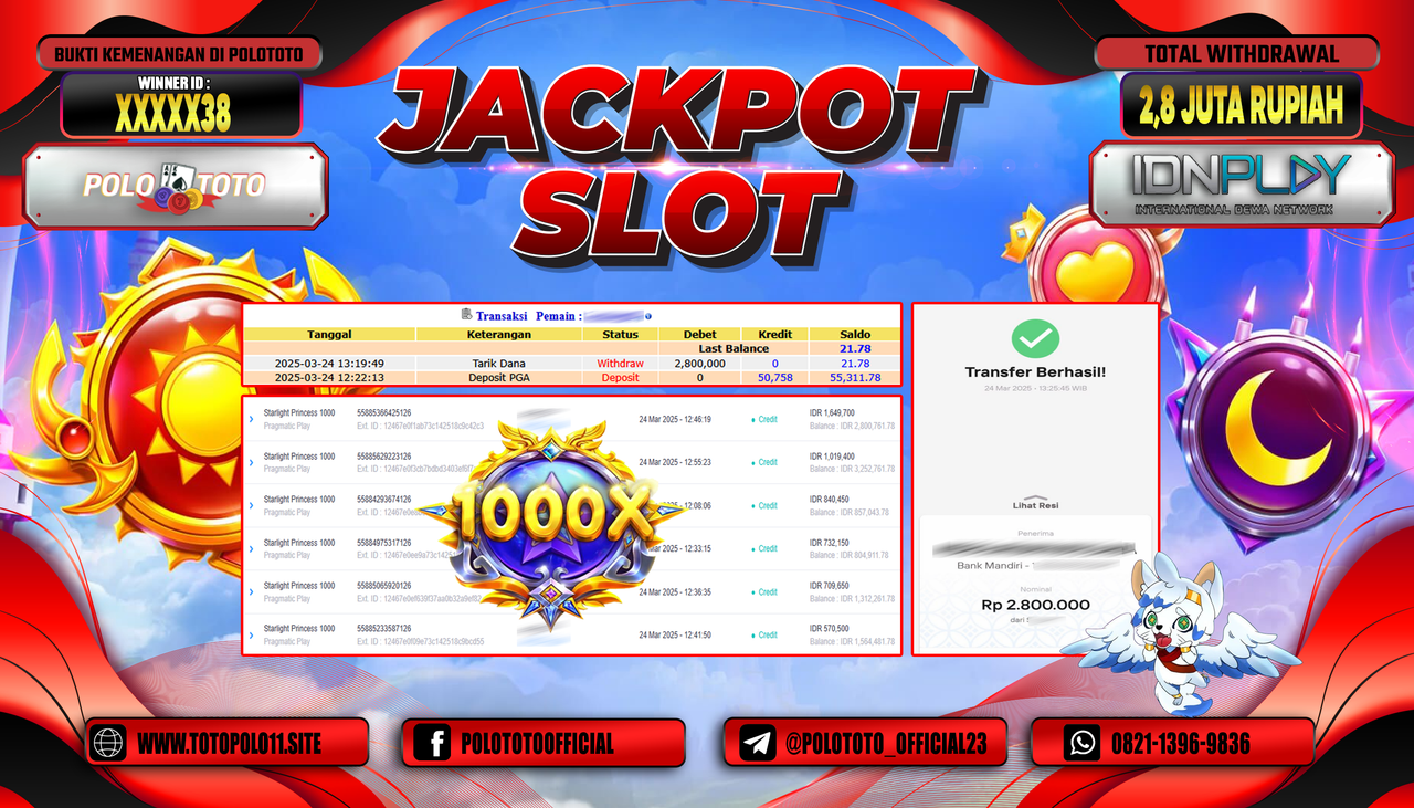 POLOTOTO JACKPOT SLOT STARLIGHT PRINCESS 1000 Rp.3.000.000,-