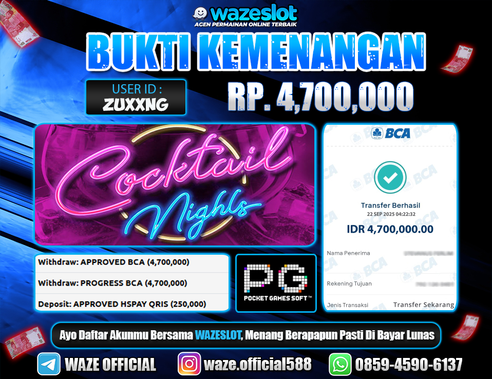 BUKTI KEMENANGAN 22 SEPTEMBER 2025 GAME COCKTAIL NIGHTS ( PG SOFT )