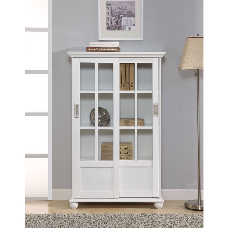 Details About White Bookcase With Sliding Glass Doors Home Furniture Cabinet Contemporary Rack