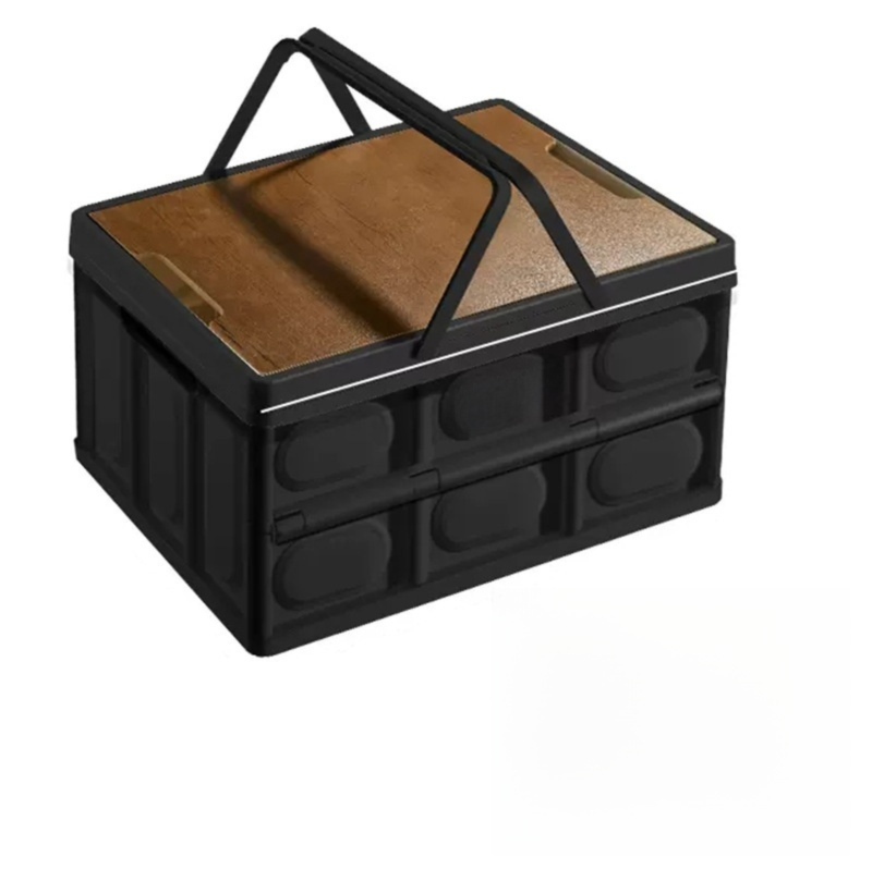 Black Collapsible Medium Handle Storage Box with Wooden Table Top(42x28x23CM) - Car Trunk Organiser for global Camping & Home Use