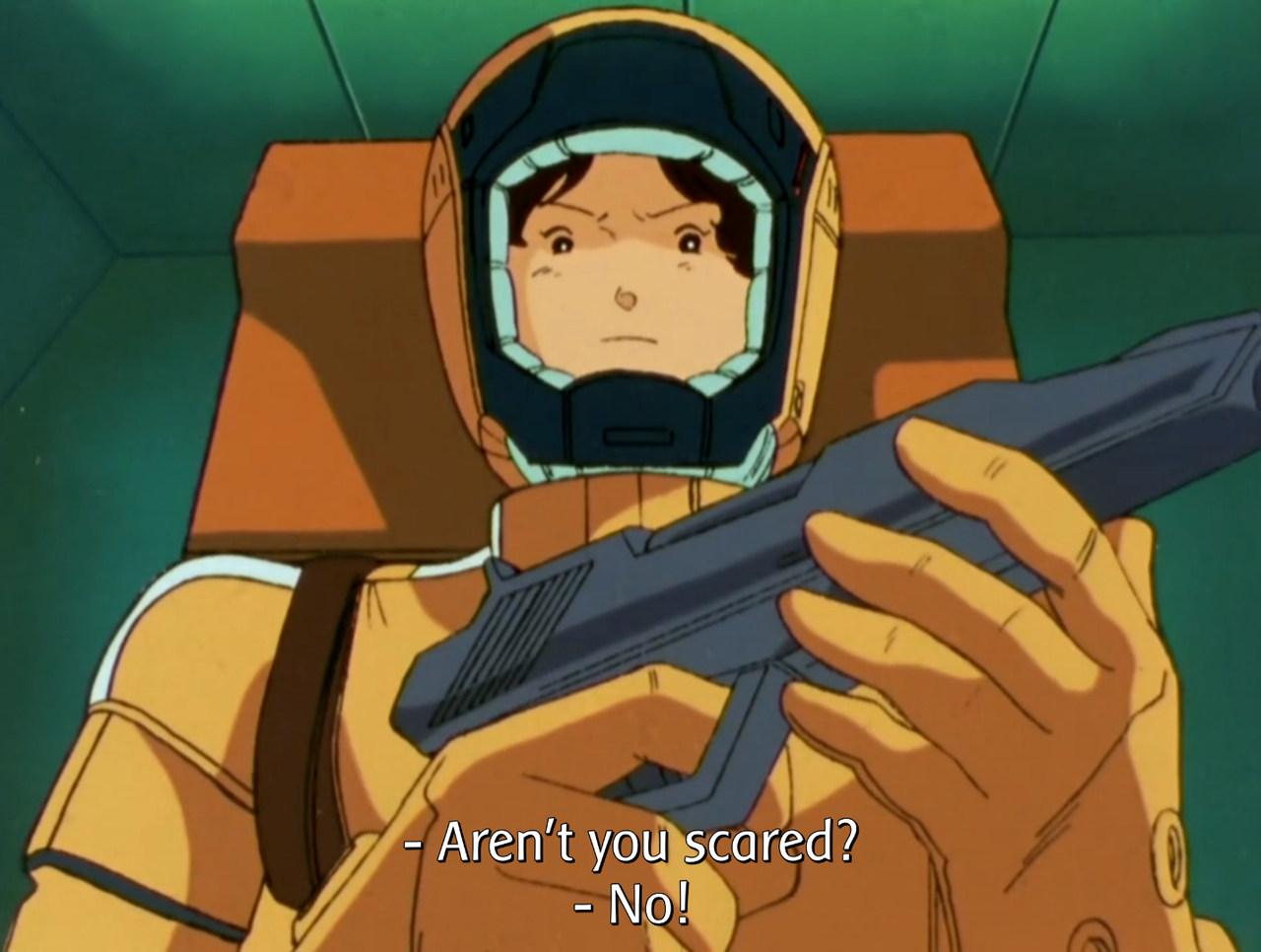 screenshot of Katz holding a gun. offscreen, Char asks, "Aren't you scared?", and Katz replies "No!"