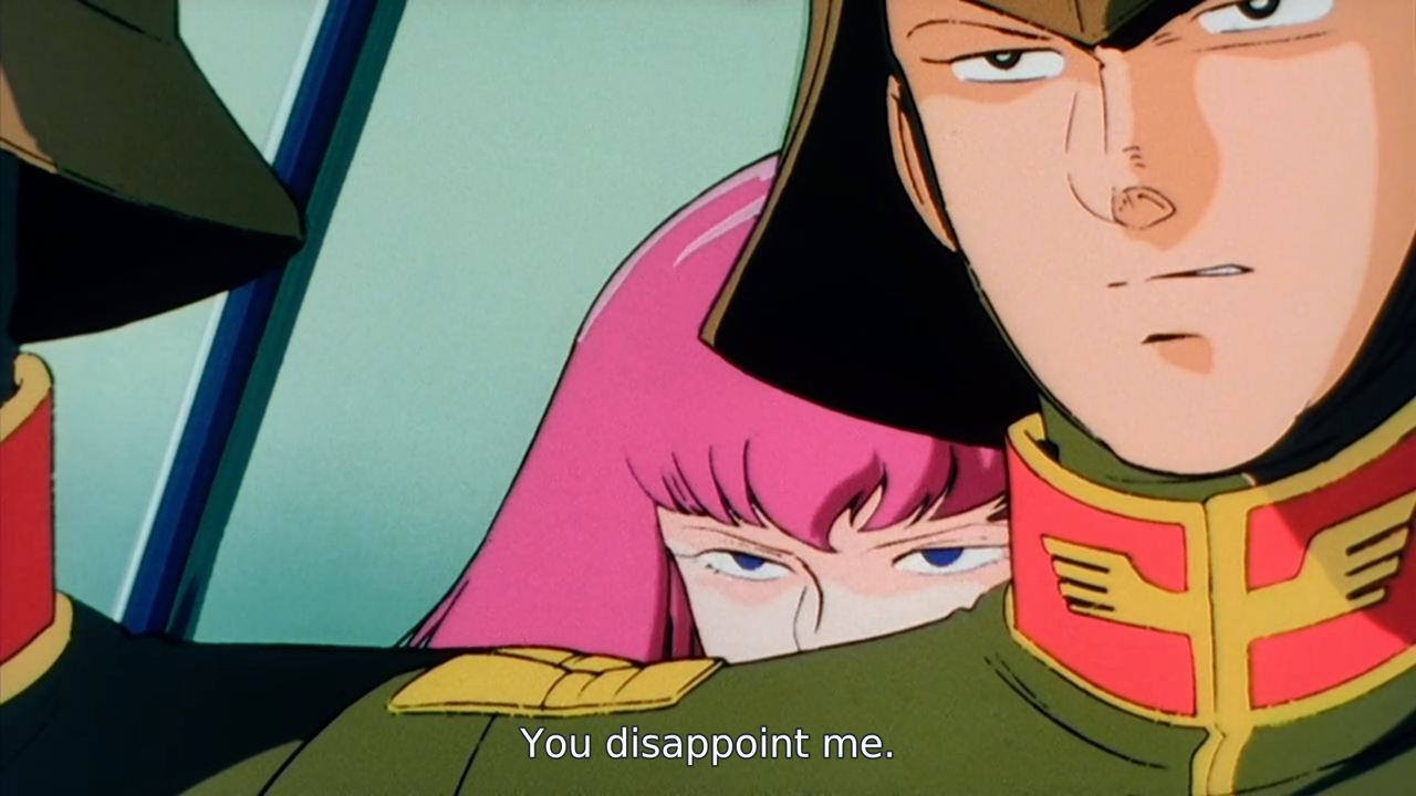 Haman stands behind two of her soldiers, only her eyes and the top of her head visible over their shoulders, and says, "You disappoint me."