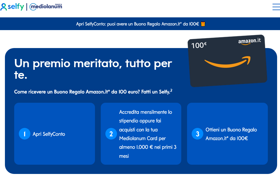 Selfy Conto by Mediolanum: 100€ Amazon in regalo - scad 31/05/23
