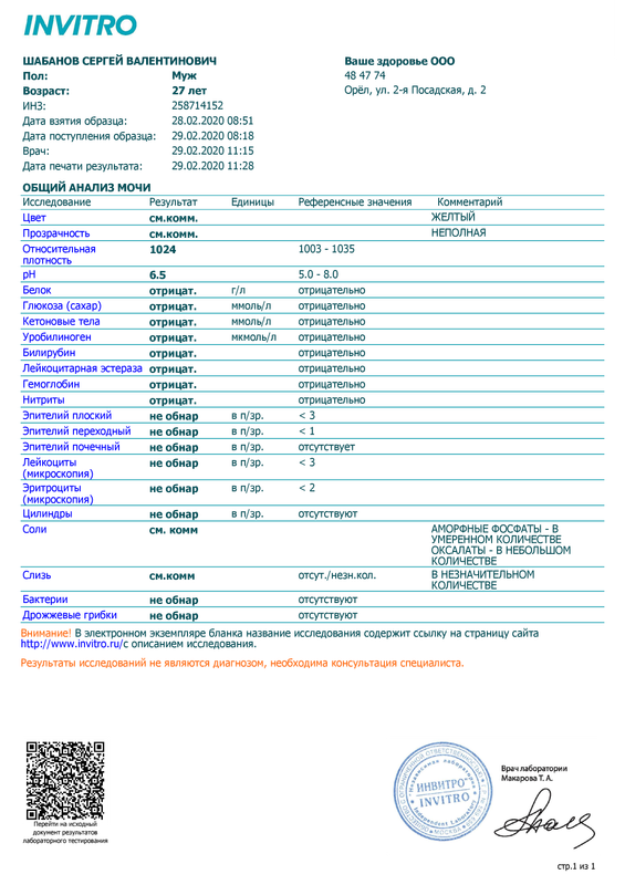 Анализ 29.02 мочи