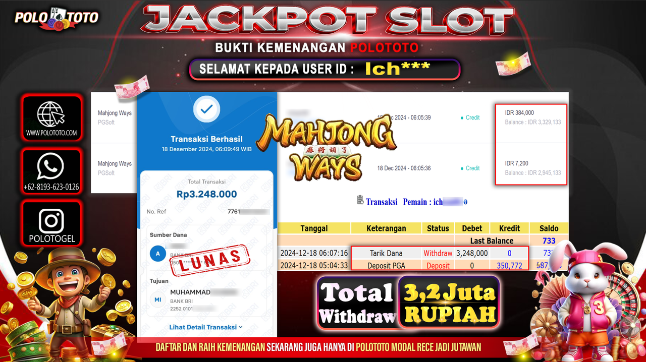 POLOTOTO JACKPOT SLOT MAHJONG WAYS Rp.3,248.000,-