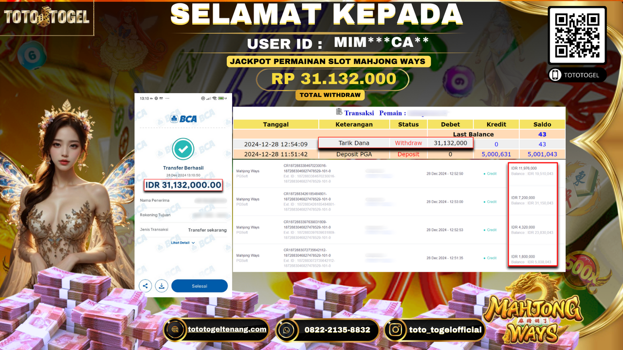 Bukti Pembayaran Jackpot  Permainan Slot Mahjong Ways  : MIM***CA** LUNAS