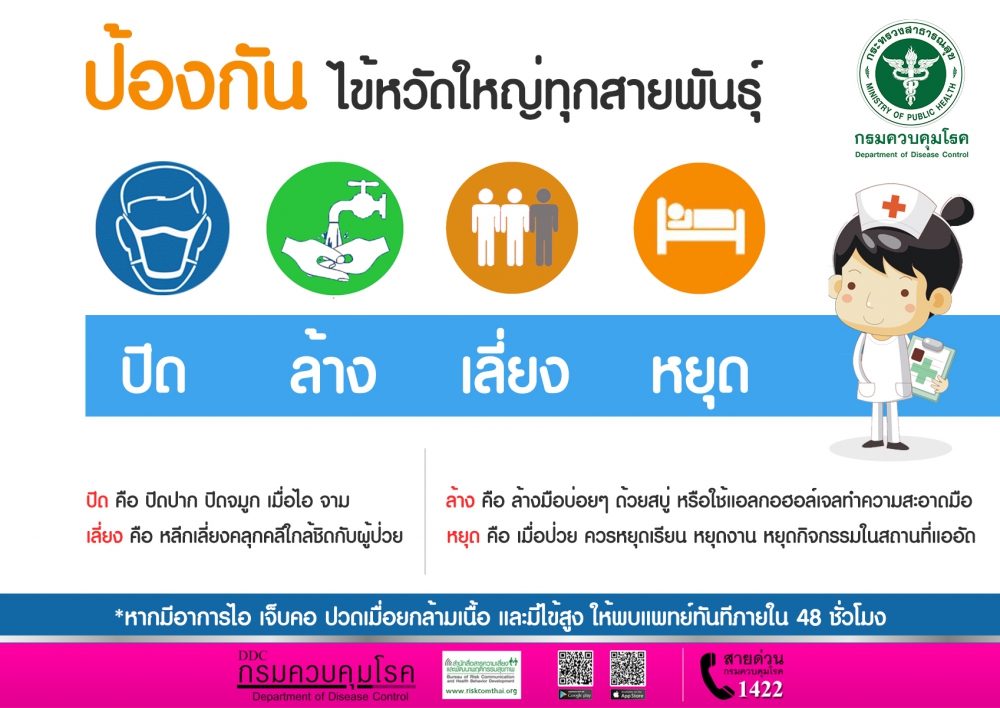 ช่วงหน้าฝนนี้ ขอให้ประชาชนระวังป่วยด้วยโรคไข้หวัดใหญ่ แนะยึดหลัก ?ปิด ล้าง เลี่ยง หยุด?