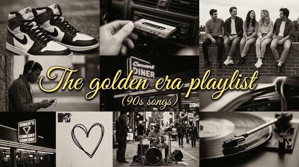 AI-generated example result for the youtube-thumbnail prompt: Music & Lyric Video – "The golden era playlist / (90s songs)" | Lyric Video Youtube Thumbnail AI YouTube Thumbnail Prompt