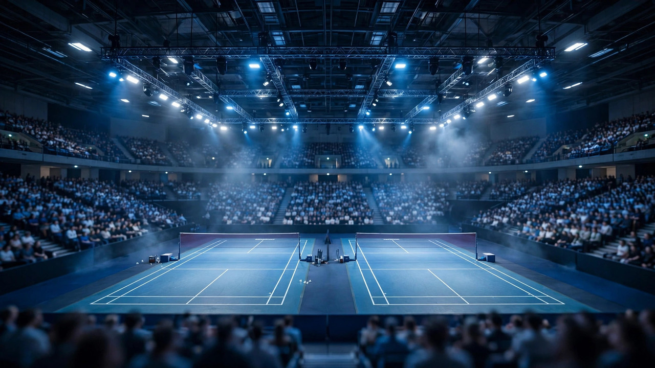 Wide view of a packed indoor badminton arena at night during the French Open 2026