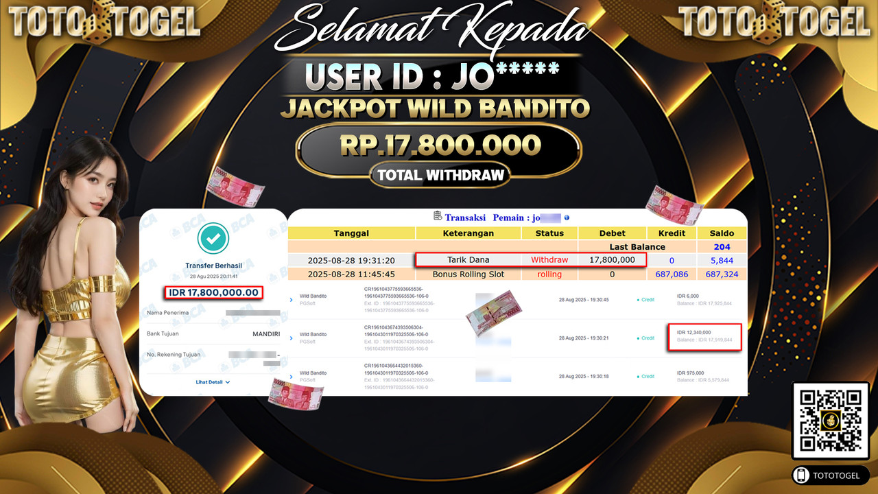 Bukti Pembayaran Jackpot Permainan Slot Wild Bandito ID:JO***** LUNAS
