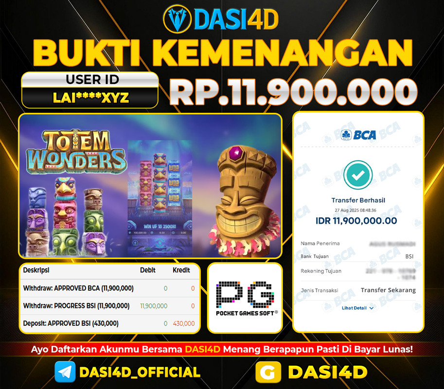 BUKTI KEMENANGAN 27 AGUSTUS 2025 DI  TOTEM WONDERS WD RP. 11.900.000