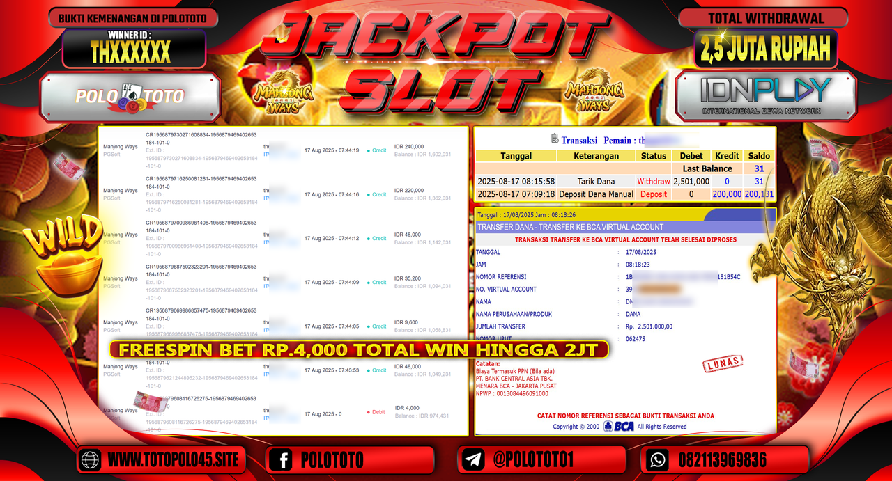 POLOTOTO JACKPOT SLOT MAHJONG WAYS Rp.2.501.000,-