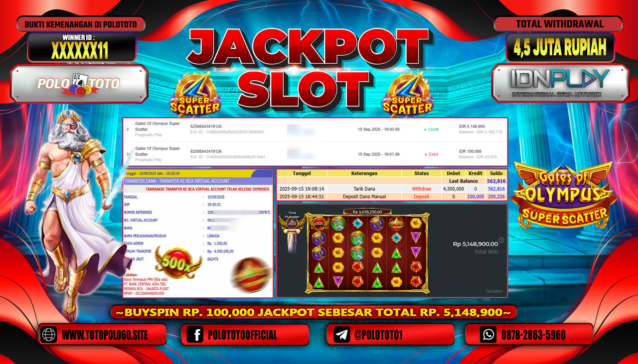 POLOTOTO JACKPOT SLOT GATES OF OLYMPUS SUPER SCATTER Rp.4.500.000,-LUNAS