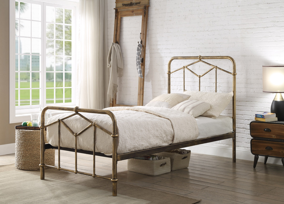 Litcham Metal Industrial Hospital Style Bed Frame Antique Brass