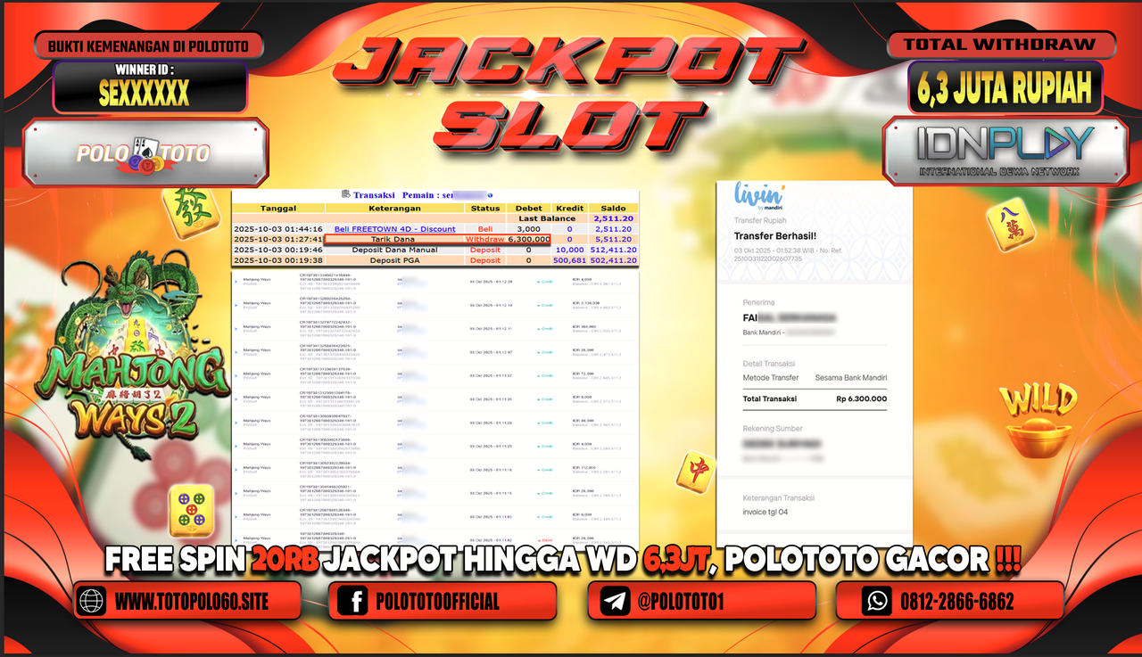 POLOTOTO JACKPOT SLOT MAHJONG WAYS Rp.6.300.000,- LUNAS