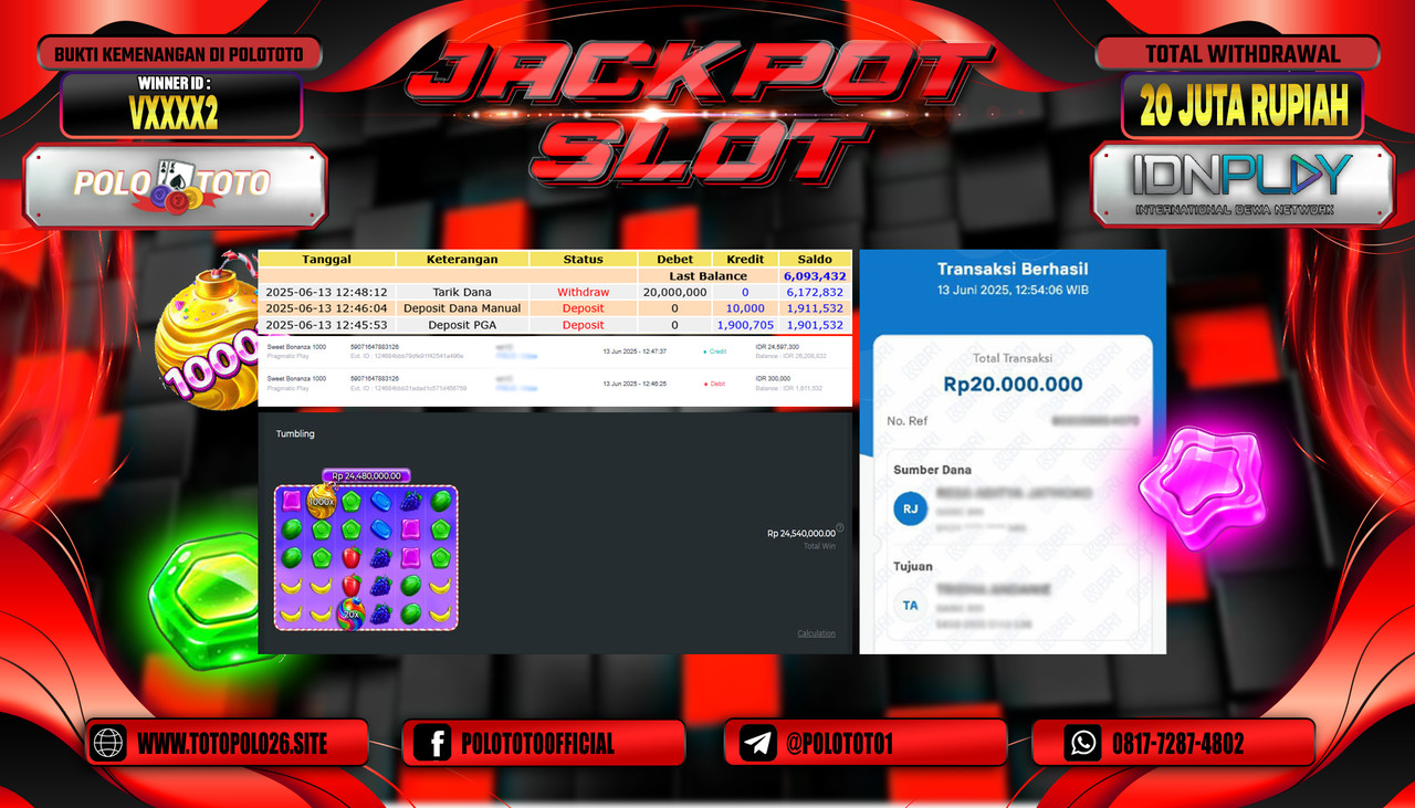 POLOTOTO JACKPOT SLOT SWEET BONANZA 1000 Rp.20.000.000,- LUNAS
