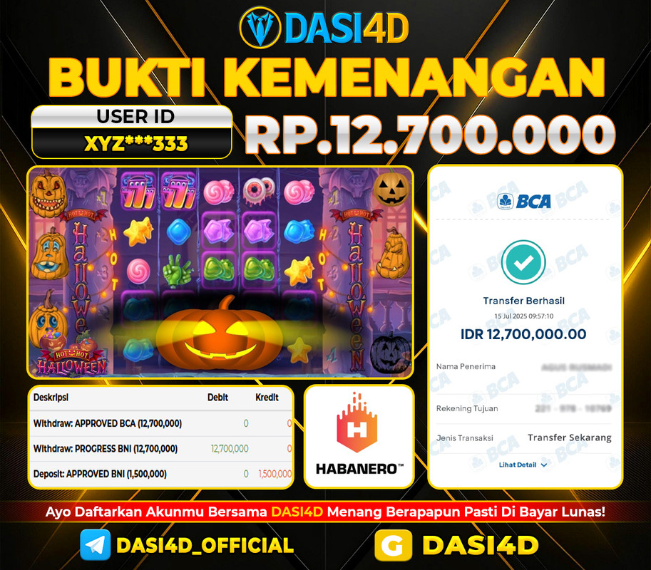 BUKTI KEMENANGAN 15 JULI 2025 DI HOT HOT HALLOWEEN RP 12.700.000