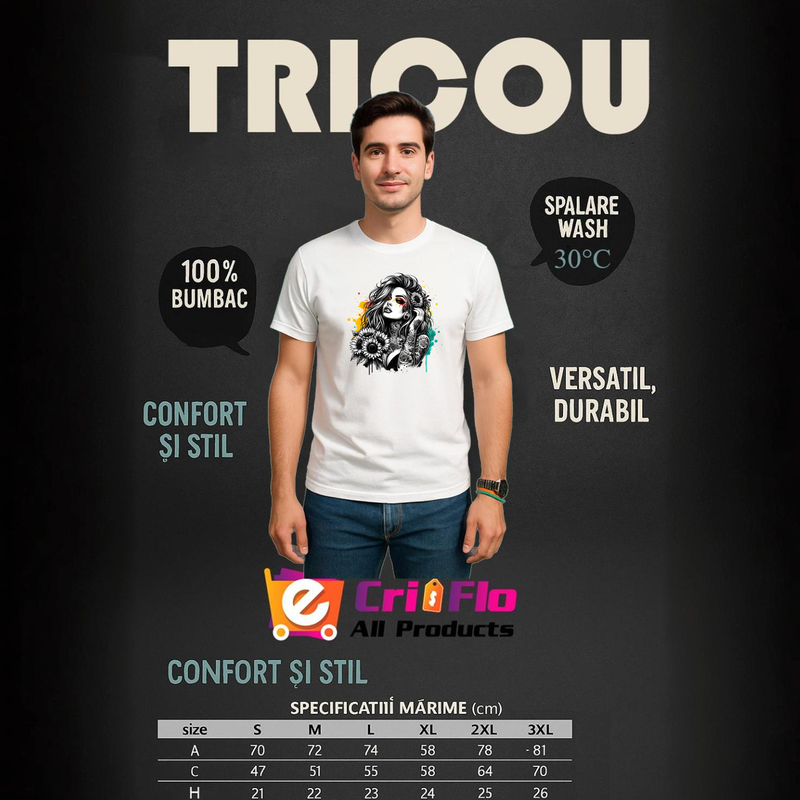 Tricou monochrome floral tattoo portrait, portret tatuat alb negru cu flori, Barbat, 100% bumbac, Cri-Flo, Culoare Alb, Marime 3XL