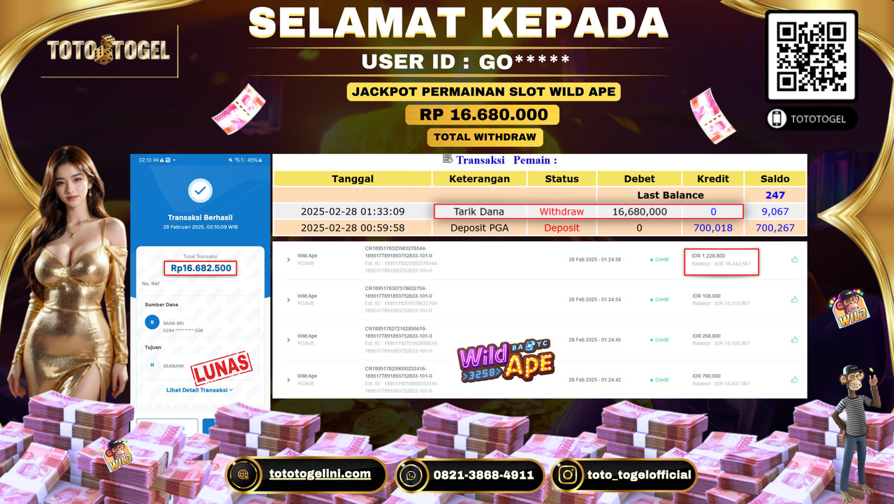 Bukti Pembayaran Jackpot  Permainan Slot Wild Ape  ID:GO***** LUNAS